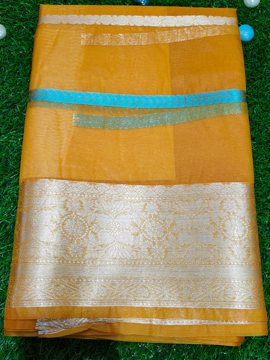 YELLOW SEMI KORA ORGANZA SAREE WITH ZARI STIPES