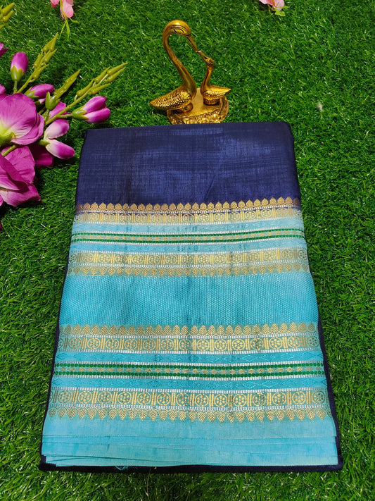 NAVY BLUE PLAIN SEMI CHINIYA KATAN  WITH KANCHI BORDER