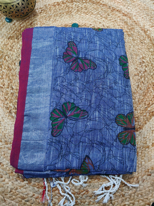 BLUE KHADI COTTON SAREE WITH DIGITAL PRINT