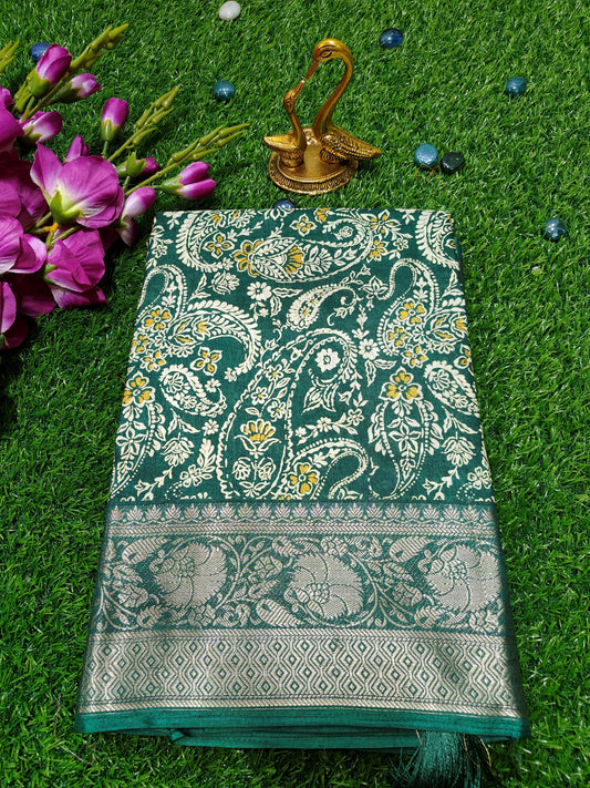 GREEN CHANDERI SILK PRINTED SAREE