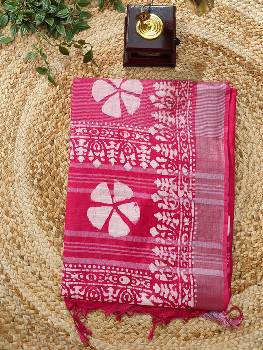 PINK KHADI COTTON BATIK PRINT SAREE