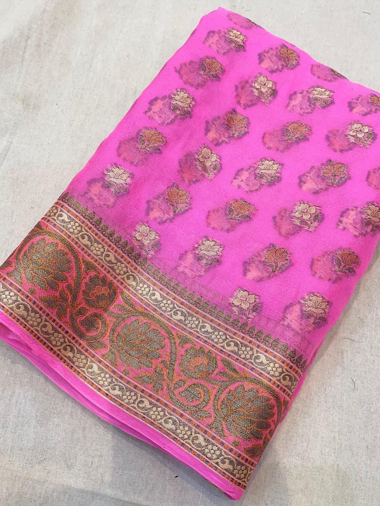 PINK KHADDI SHIFFON SAREE WITH RESHAM WEAVING AND MEENA