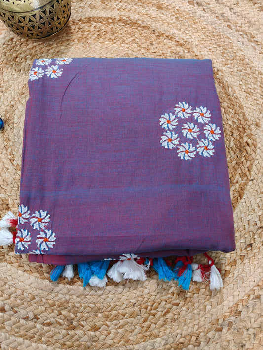 PURPLE DUAL TONE LINEN COTTON SAREE WITH EMBRIODERY