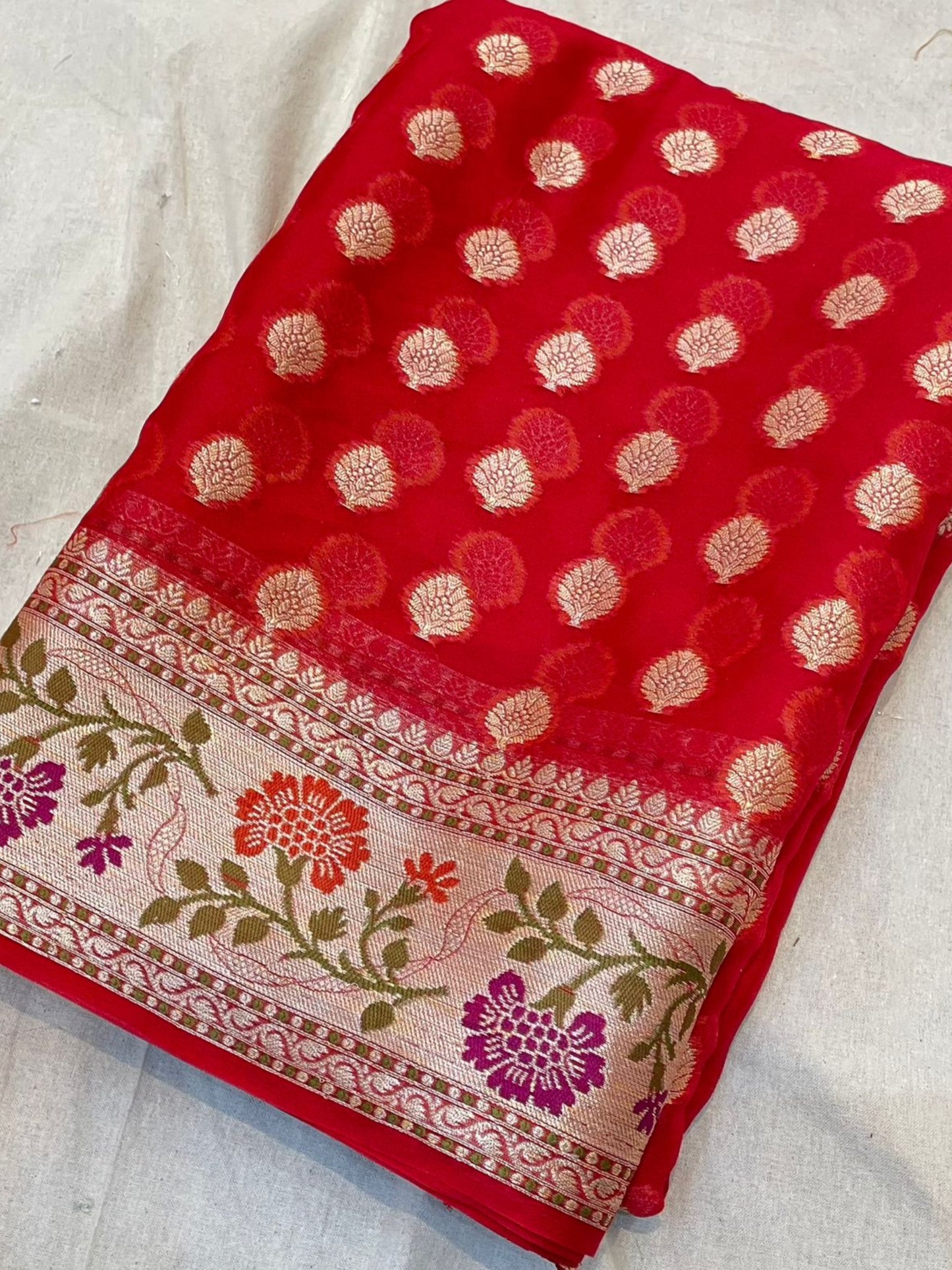 RED KHADDI SHIFFON SAREE WITH RESHAM WEAVING AND MEENA