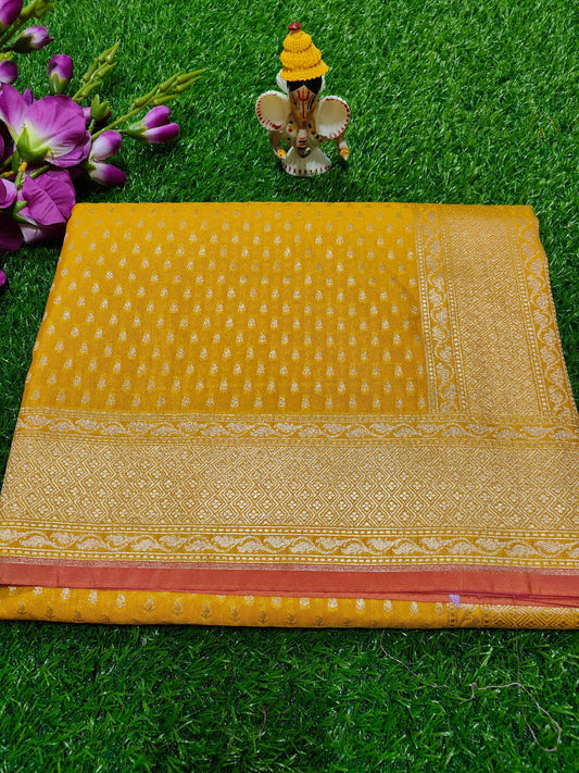 YELLOW SEMI KATAN SILK SAREE TILFI WORK