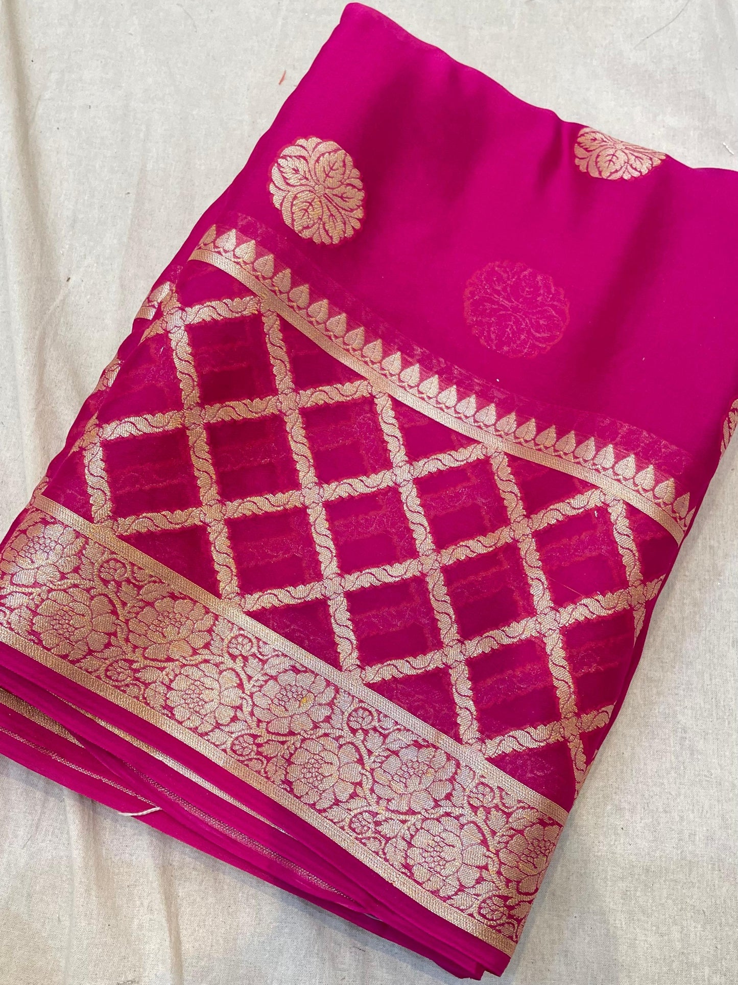 RANI PINK KHADDI SHIFFON SAREE WITH RESHAM WEAVING AND MEENA