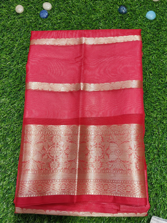 RED SEMI KORA ORGANZA SAREE WITH ZARI STRIPES