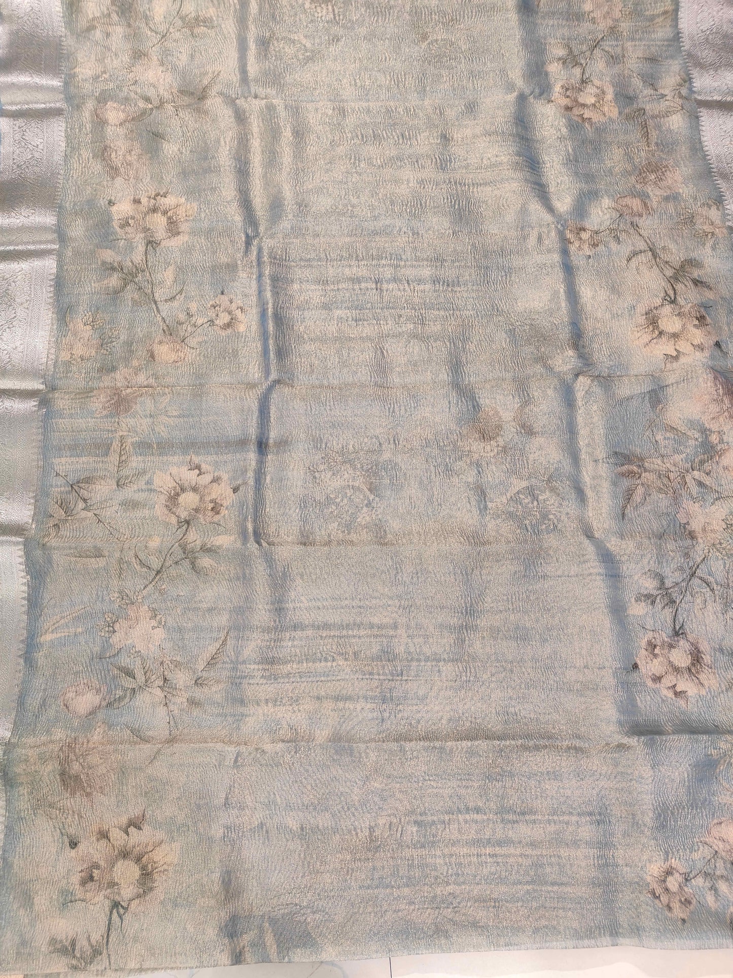 POWDER BLUE CRUSHED TISSUE SILK SAREE WITH DIGITAL PRINT