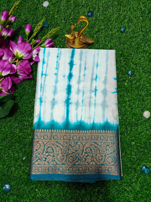 WHITE & GREEN SHIBORI PRINT TIE DYE  SAREE WITH WHITE BASE