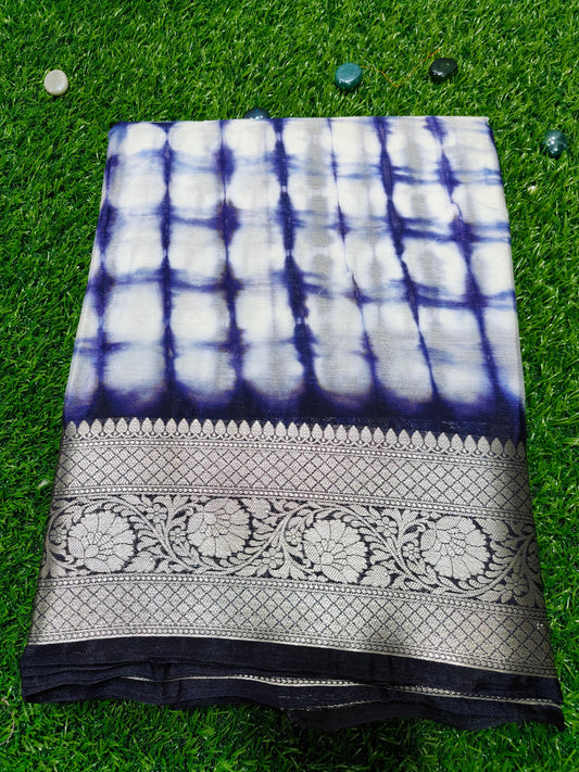 WHITE & BLUE SHIBORI PRINT SAREE