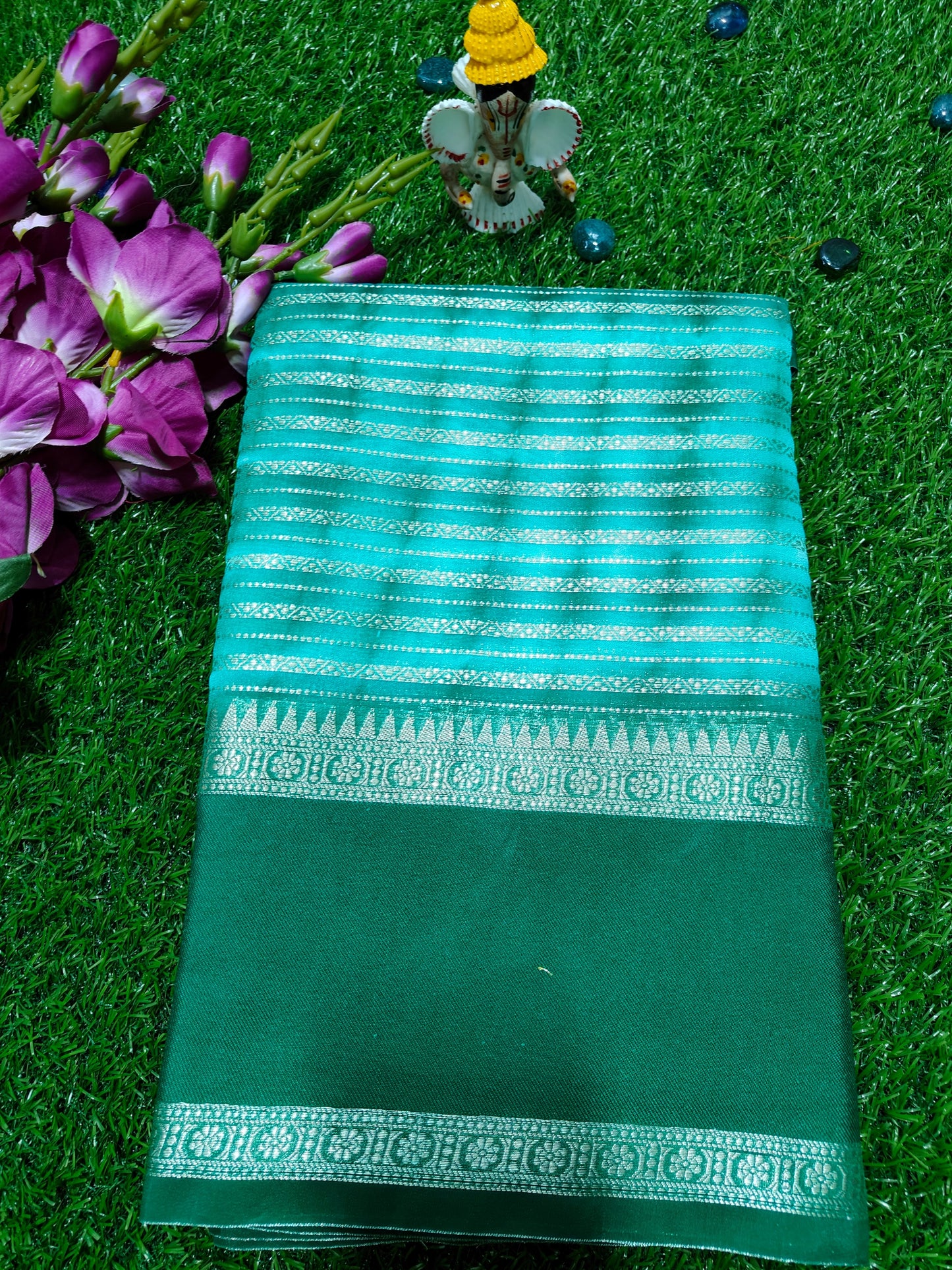 GREEN  GARHWAL BORDER TIE DYE SAREE WITH STRIPS