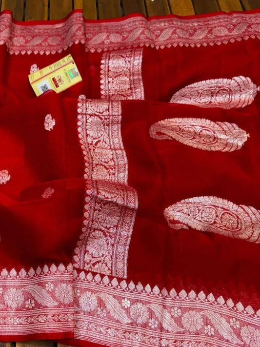 RED PURE KHADDI SHIFFON  SAREE