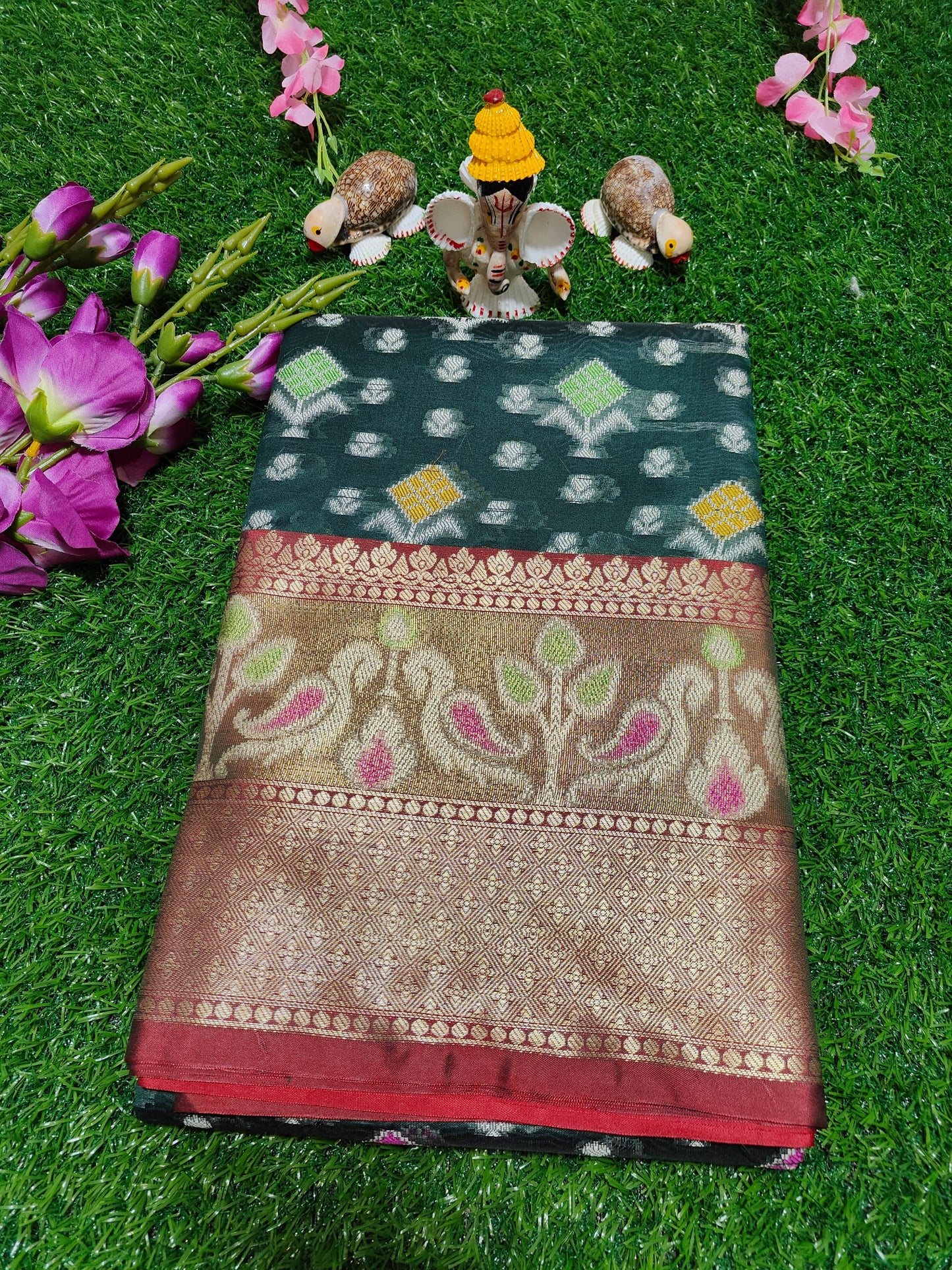 GREEN BANARASI COTTON MEENA SILK SARI