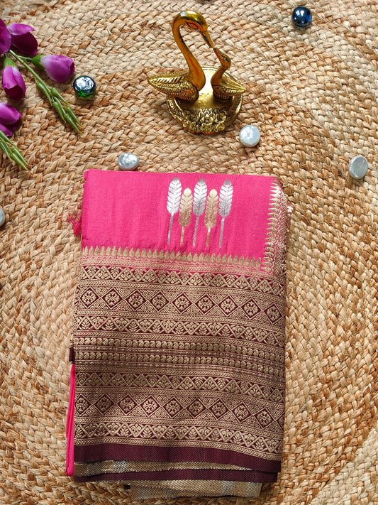 CRAPE SILK SAREE WITH SONA RUPA ZARI AND LEAF BUTTA