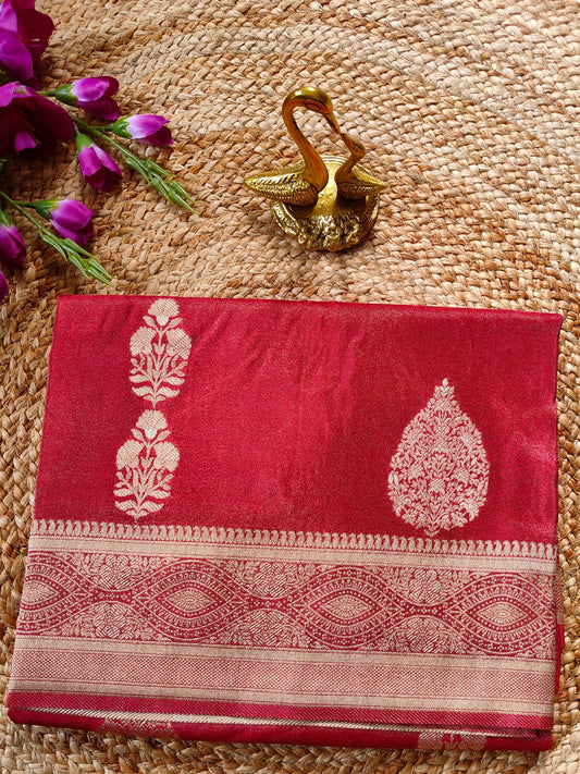 RED TISSUE SILK SAREE WITH FLOWER BUTTA MOTIF