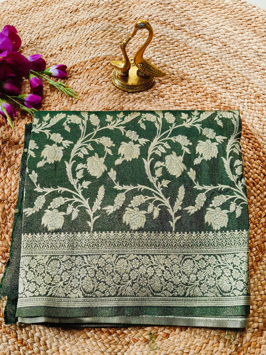 GREEN TISSUE SILK SAREE WITH FLOWER MOTIF