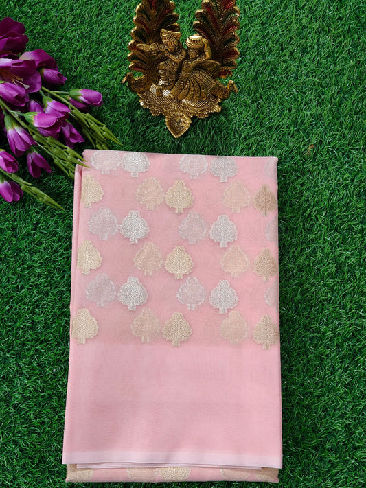 PEACH ORGANZA SILK SAREE WITH ZARI BUTTA