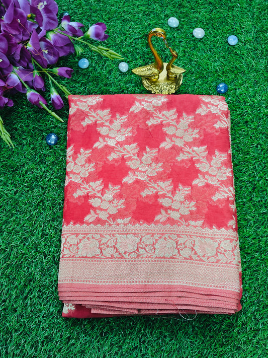 GAJRI PINK KHADDI GEORGETTE SAREE WITH ZARI JAAL