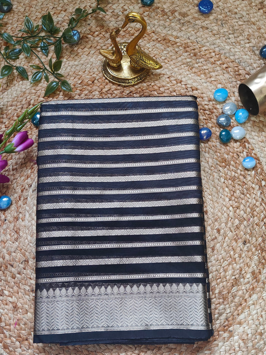 BLACK TISSUE SILK SAREE WITH ZARI STRIPS