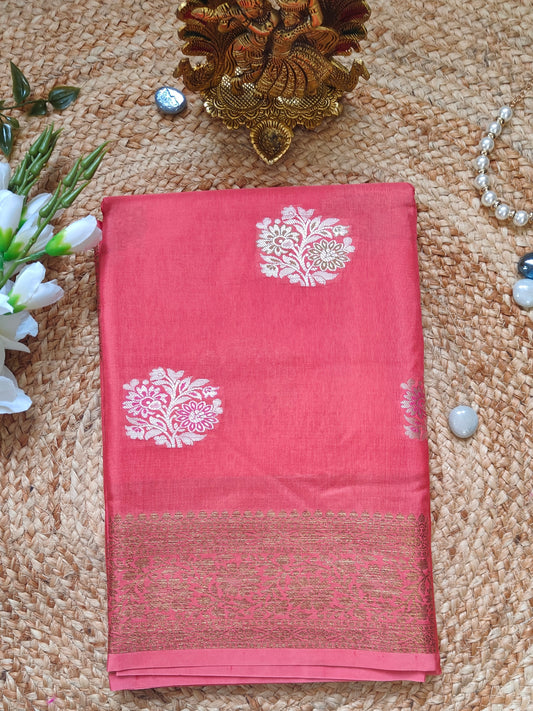 PEACH PINK DUPIAN SILK WITH MEENA BUTTA