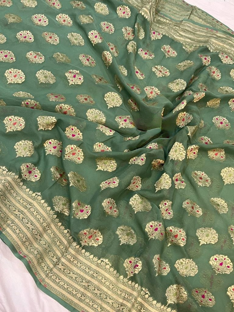 PISTA GREEN SEMI GEORGEETE SAREE WITH MEENA BUTTTA