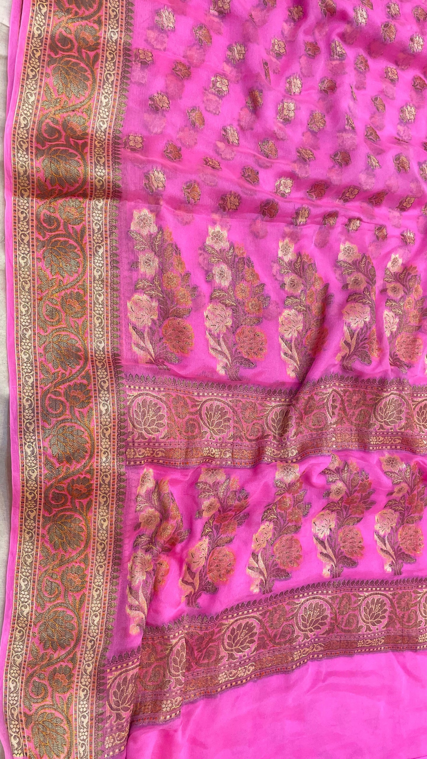 PINK KHADDI SHIFFON SAREE WITH RESHAM WEAVING AND MEENA