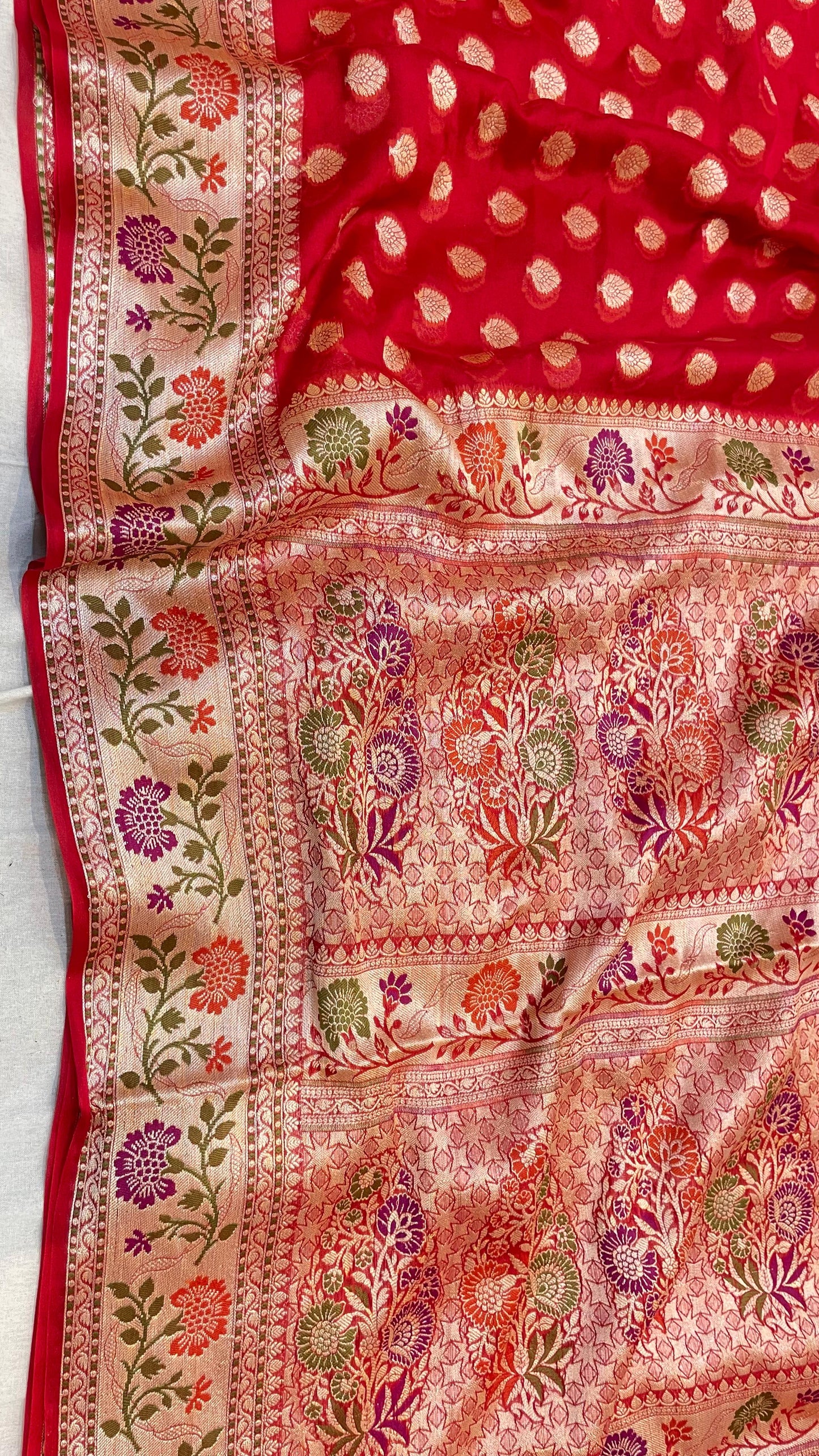 RED KHADDI SHIFFON SAREE WITH RESHAM WEAVING AND MEENA