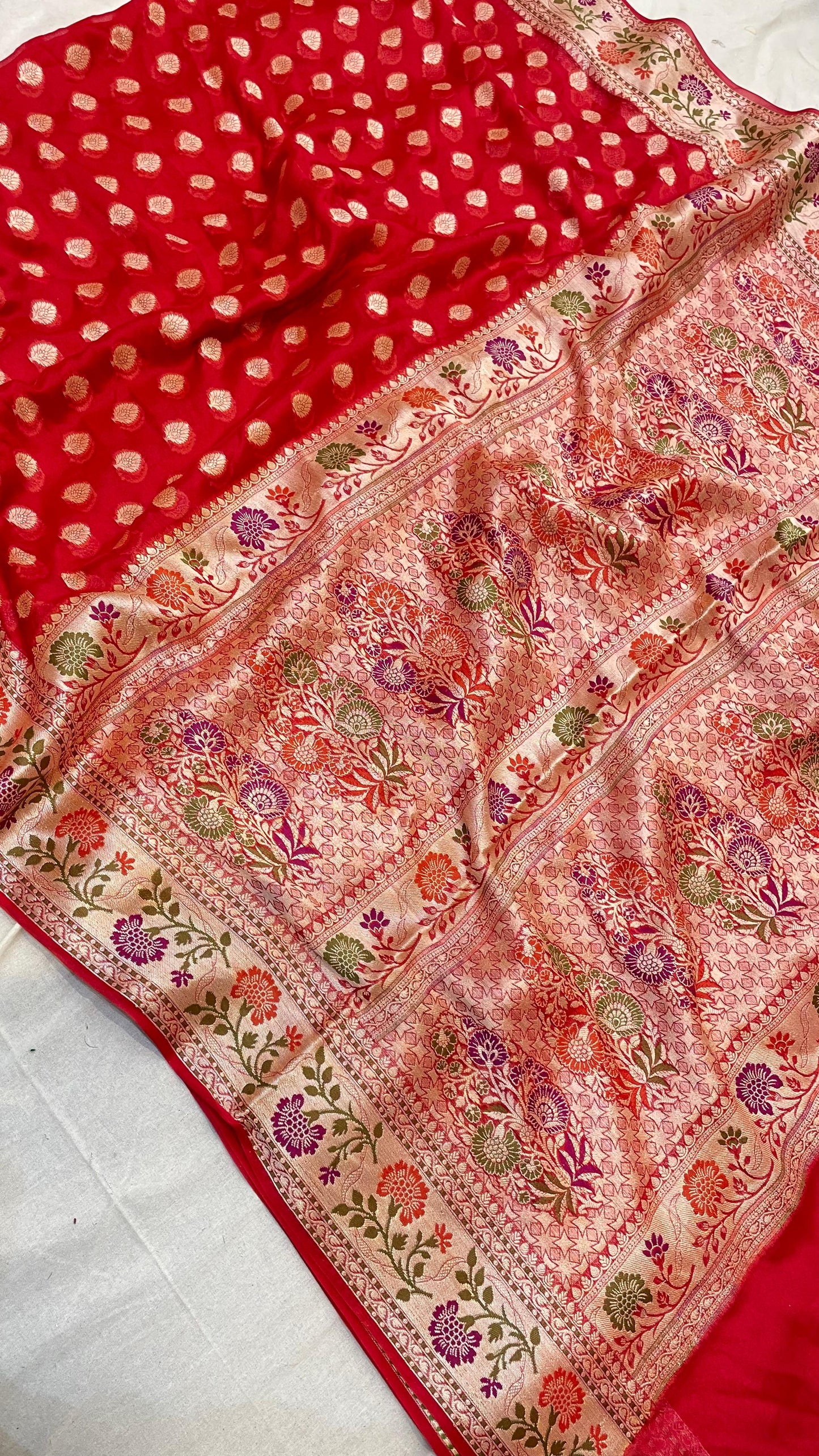 RED KHADDI SHIFFON SAREE WITH RESHAM WEAVING AND MEENA