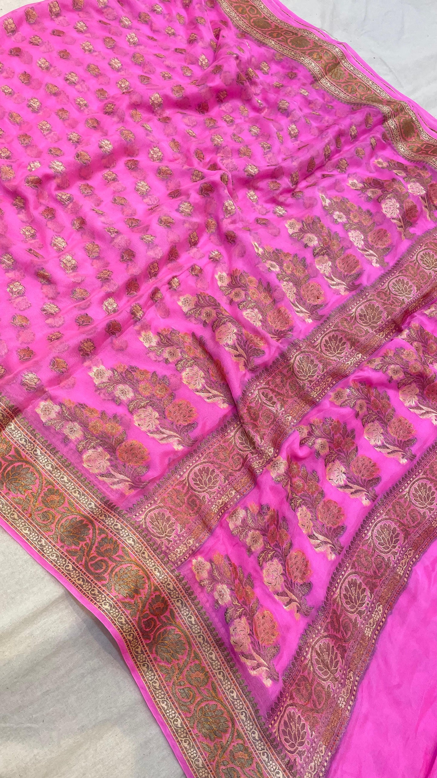 PINK KHADDI SHIFFON SAREE WITH RESHAM WEAVING AND MEENA