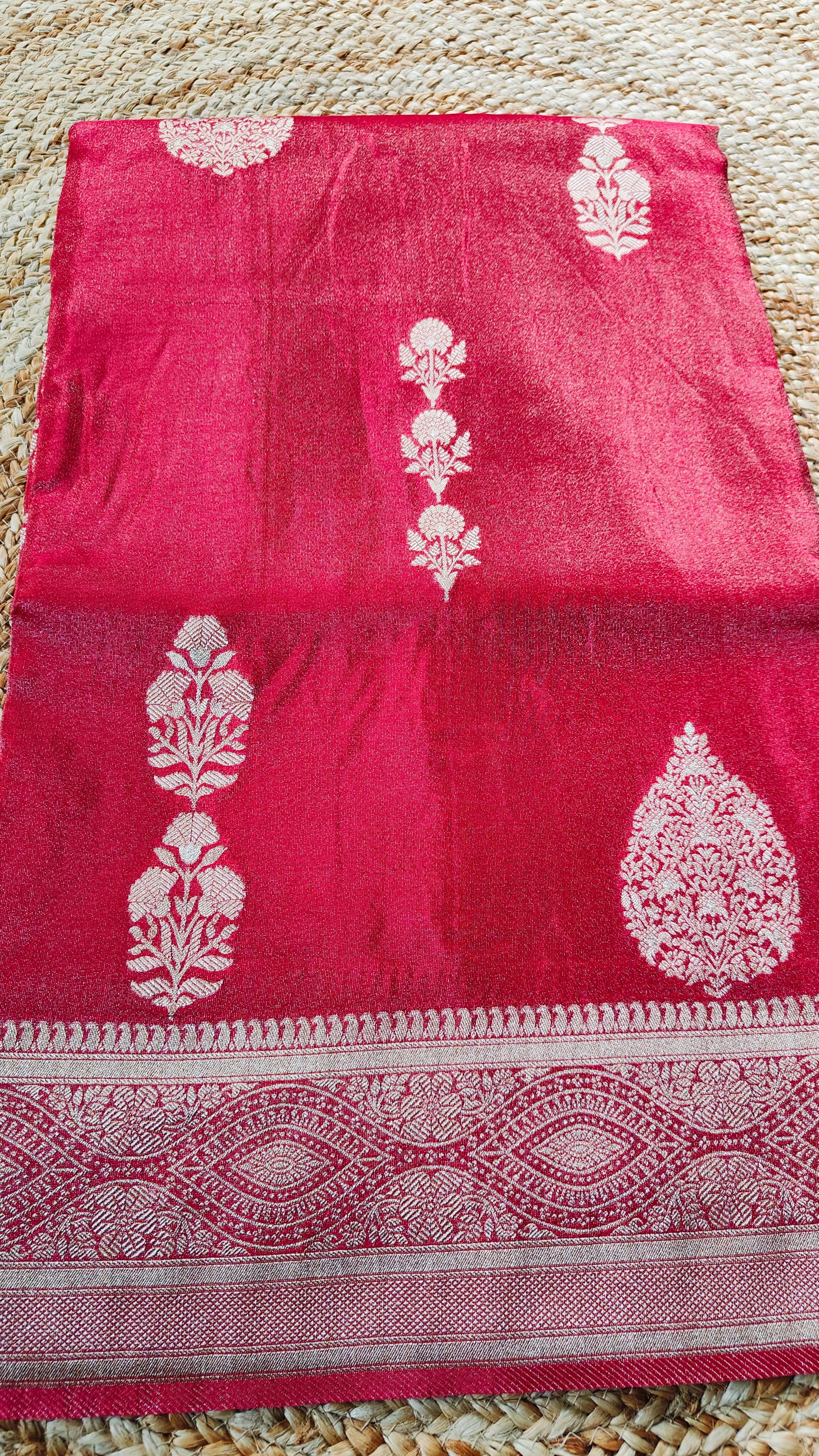 RED TISSUE SILK SAREE WITH FLOWER BUTTA MOTIF