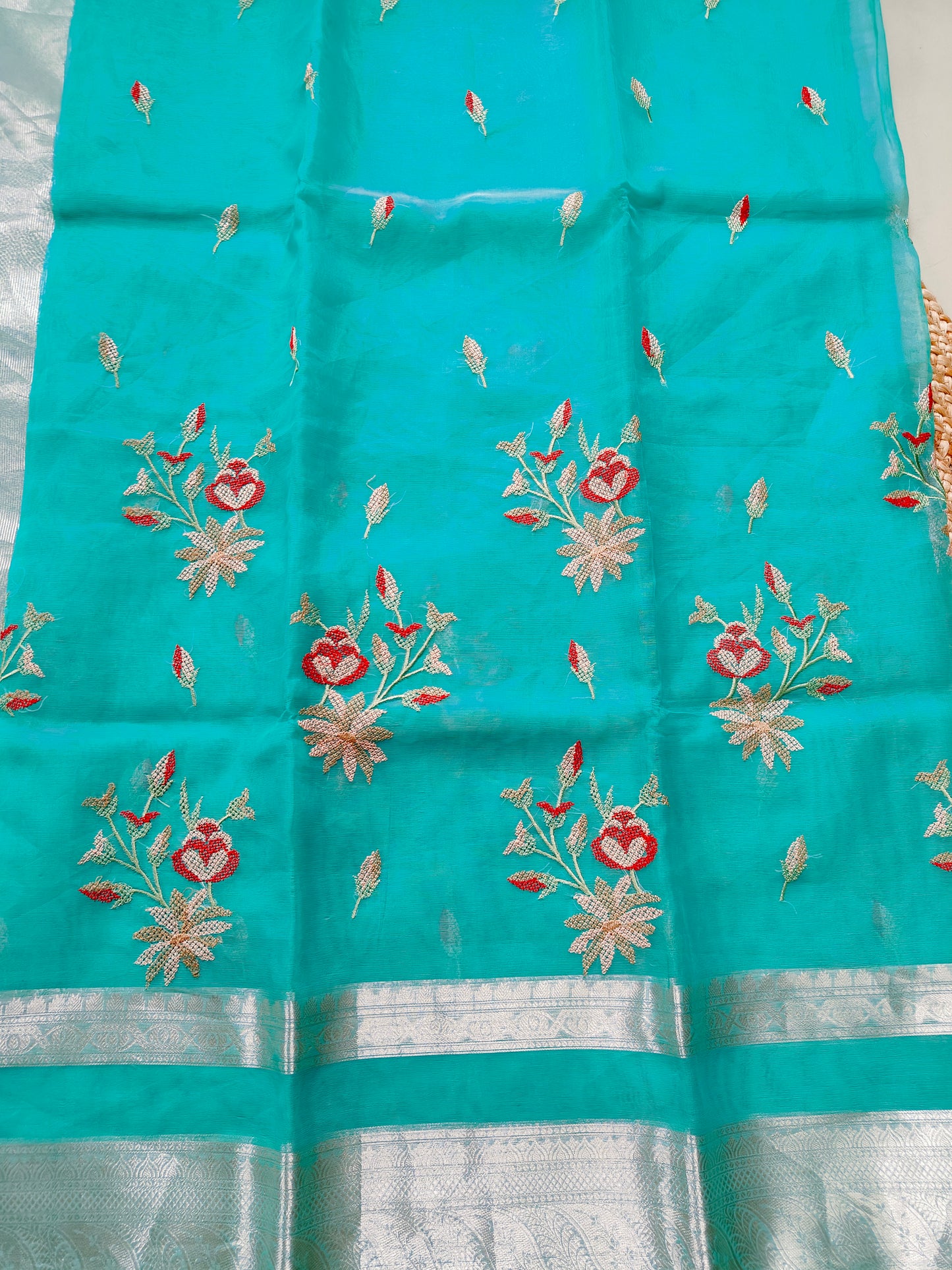 TORQUISE BLUE ORGANZA SAREE WITH EMBRIODERY