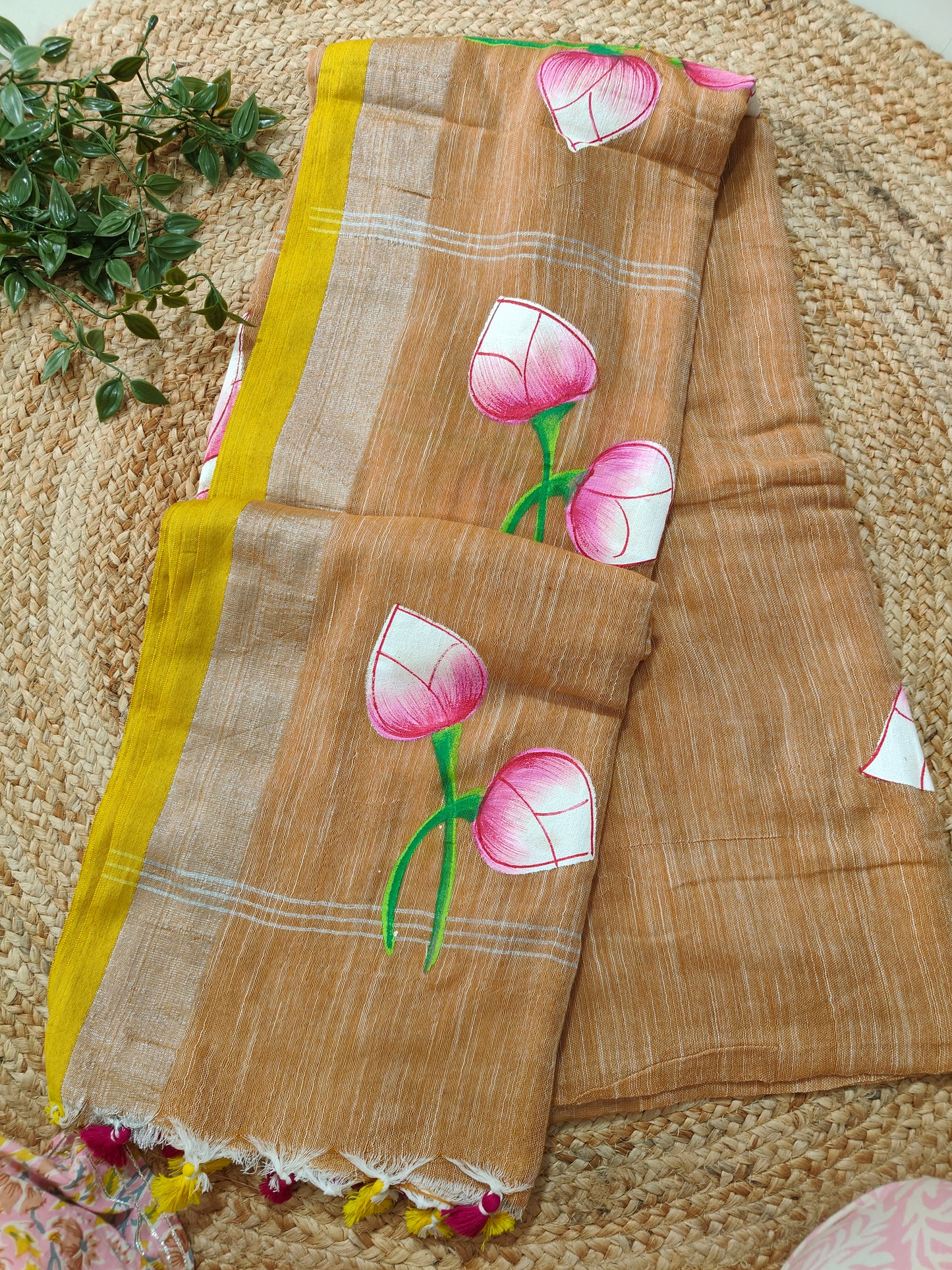 COFEE BROWN KHADI COTTON HANDPRINTED SAREE