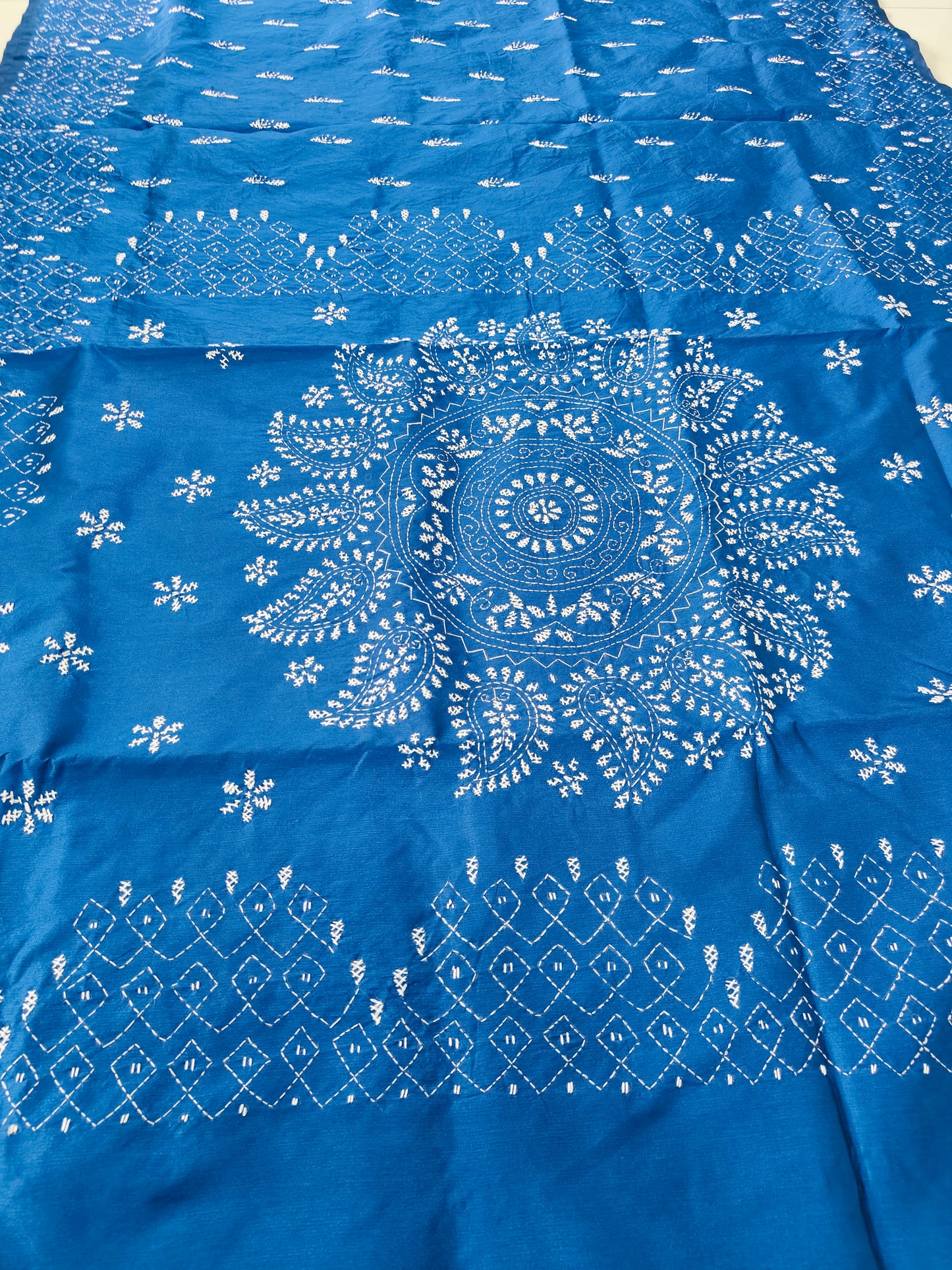 BLUE COTTON SILK SAREE WITH KANTHA STICH