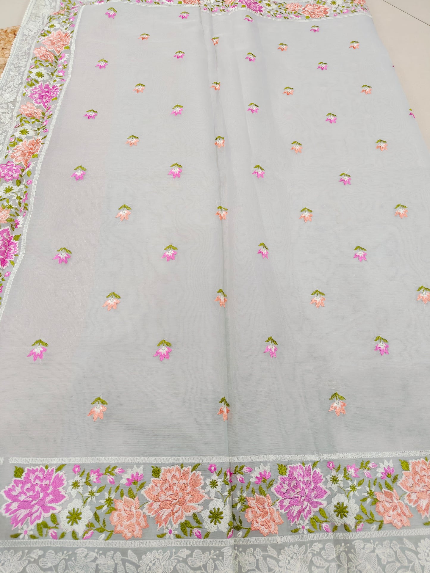 GREY ORGANZA SAREE WITH PARSI EMBROIDERY