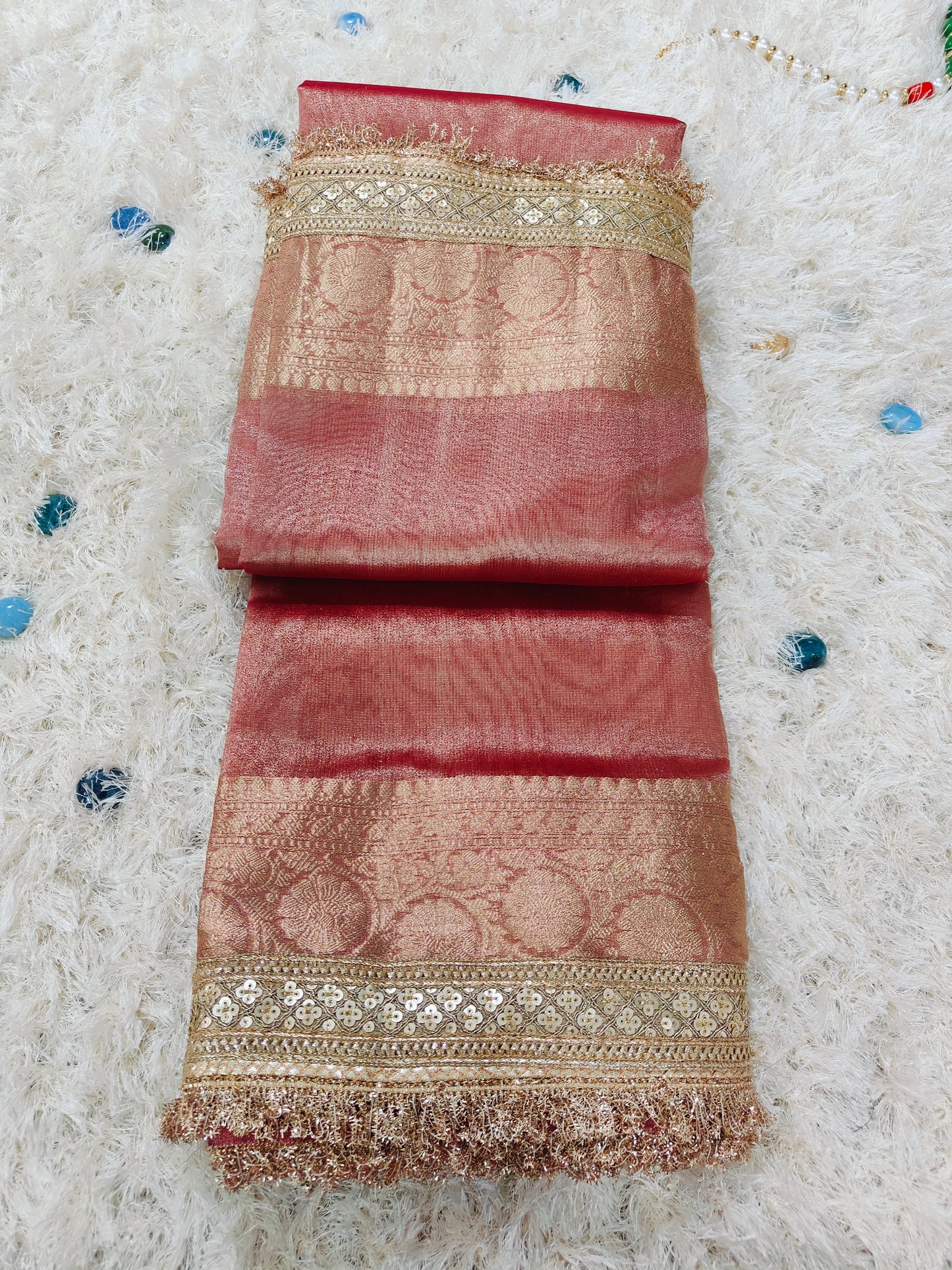 RED TISSUE KATHBAN SAREE WITH LACE BORDER