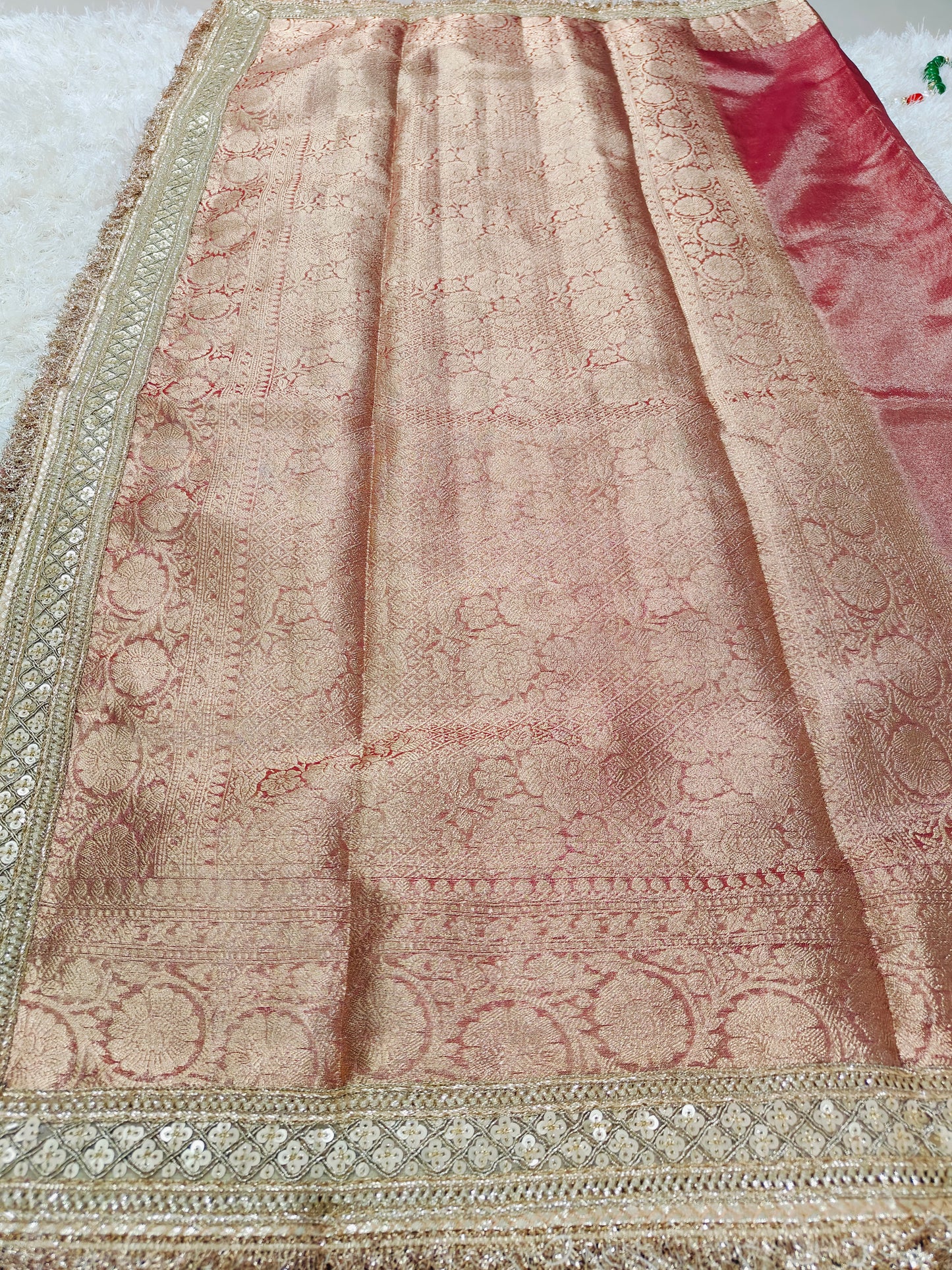 RED TISSUE KATHBAN SAREE WITH LACE BORDER