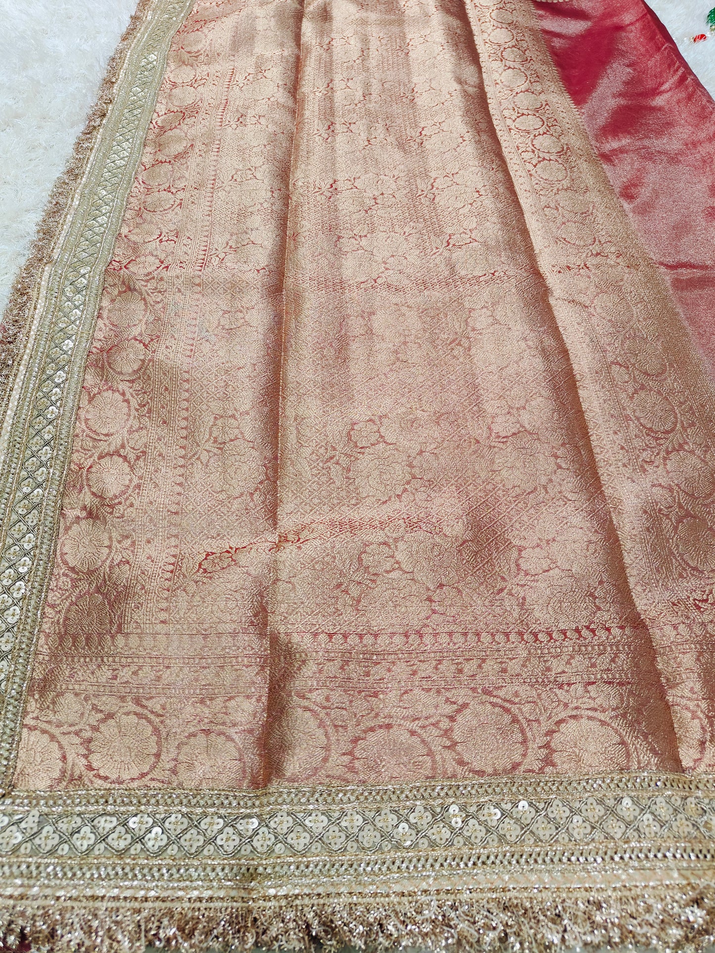 RED TISSUE KATHBAN SAREE WITH LACE BORDER