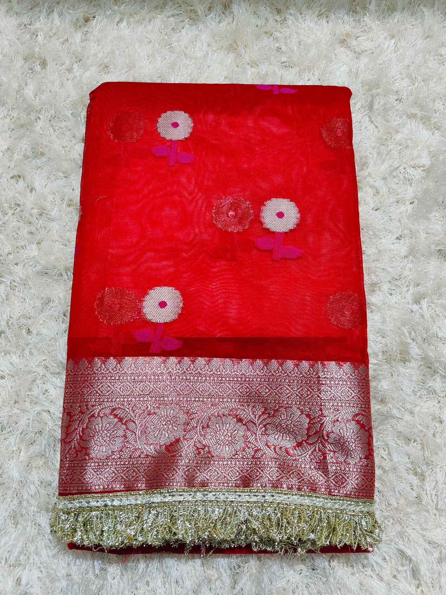 RED TISSUE KATHBAN SAREE