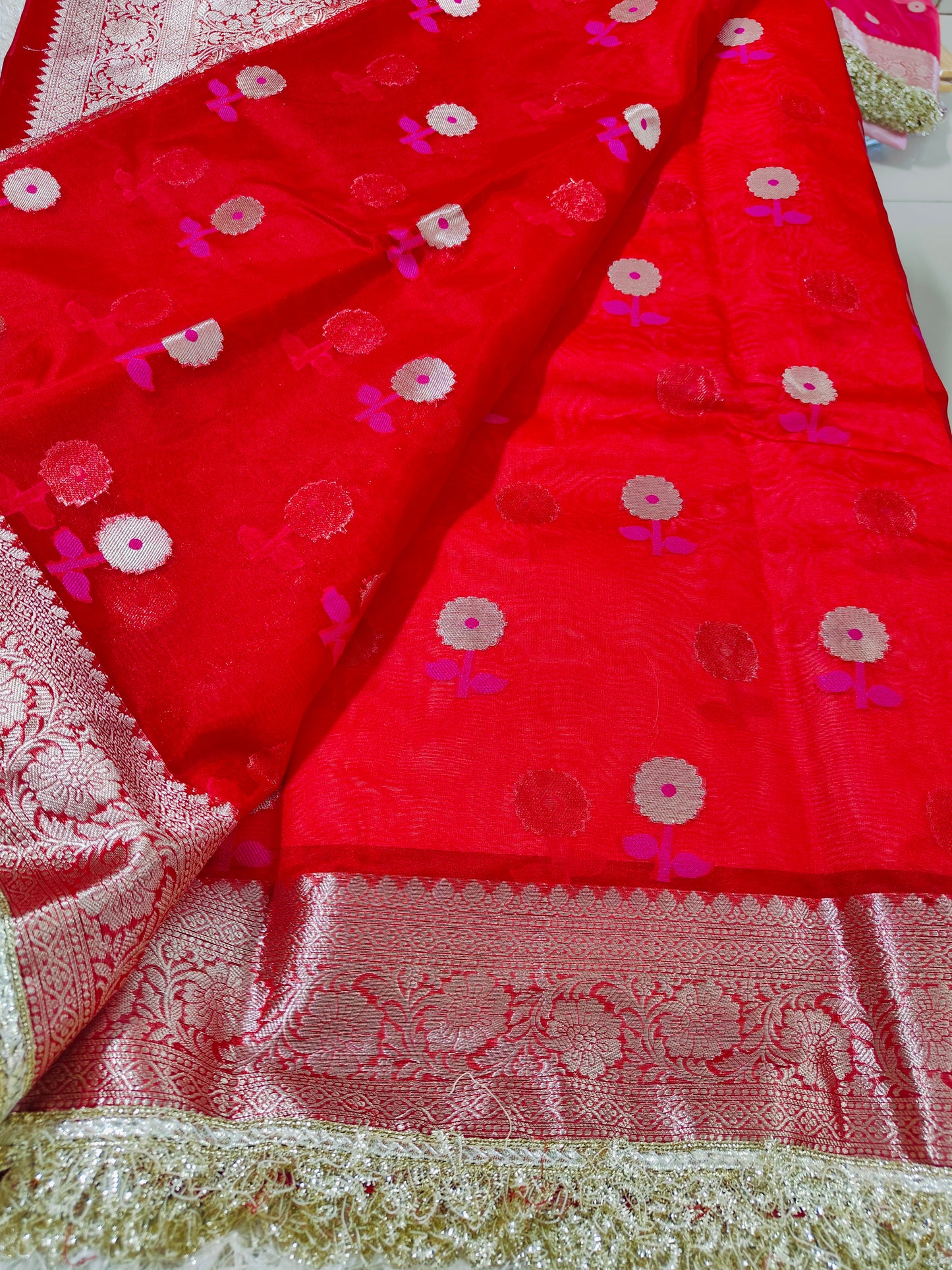 RED TISSUE KATHBAN SAREE