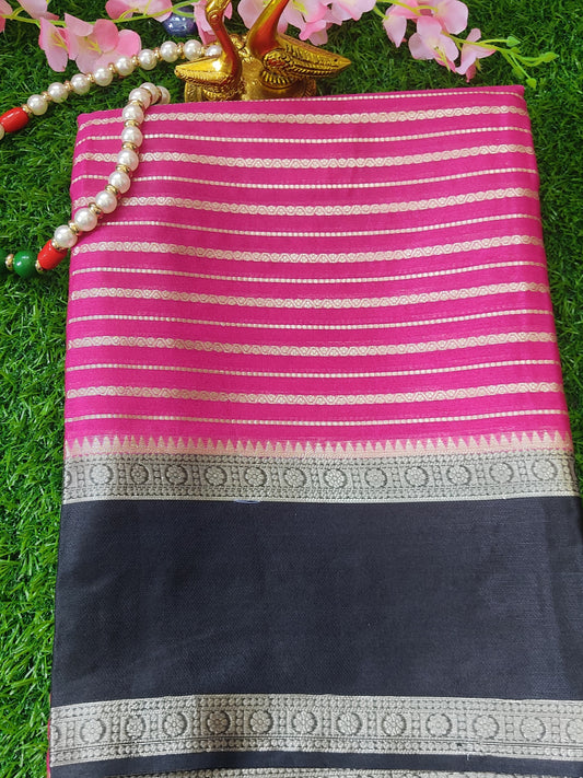 PINK CHINIYA KATAN WITH ZARI STRIPS GADHWAL BORDER