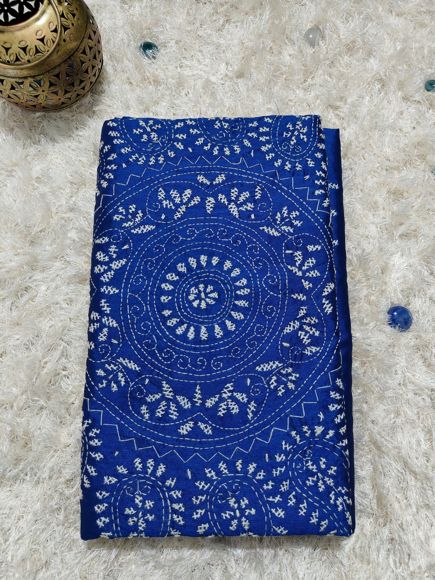 BLUE COTTON SILK SAREE WITH KANTHA STICH